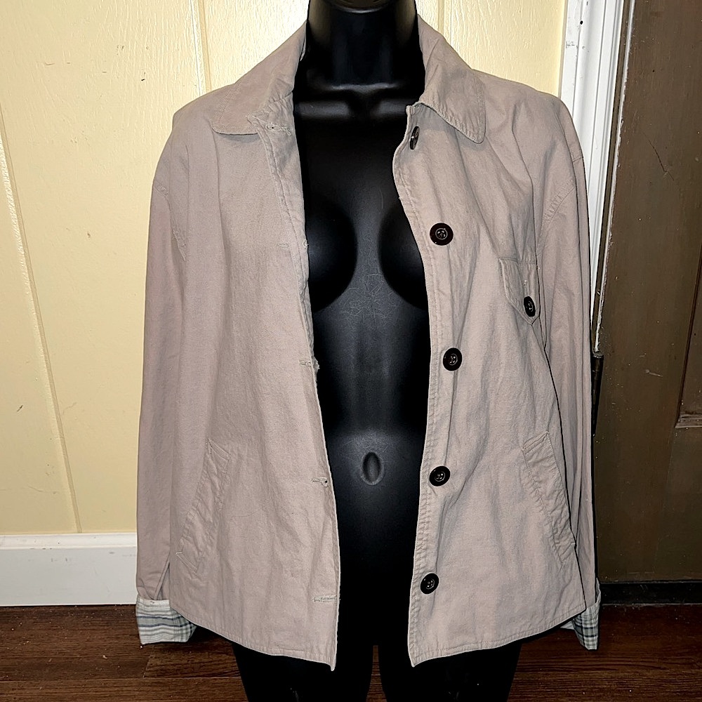 Cherokee Khaki Tan Button Up Long Sleeve Utility Jacket  Y2K Plaid Lining Size S - Picture 5 of 12